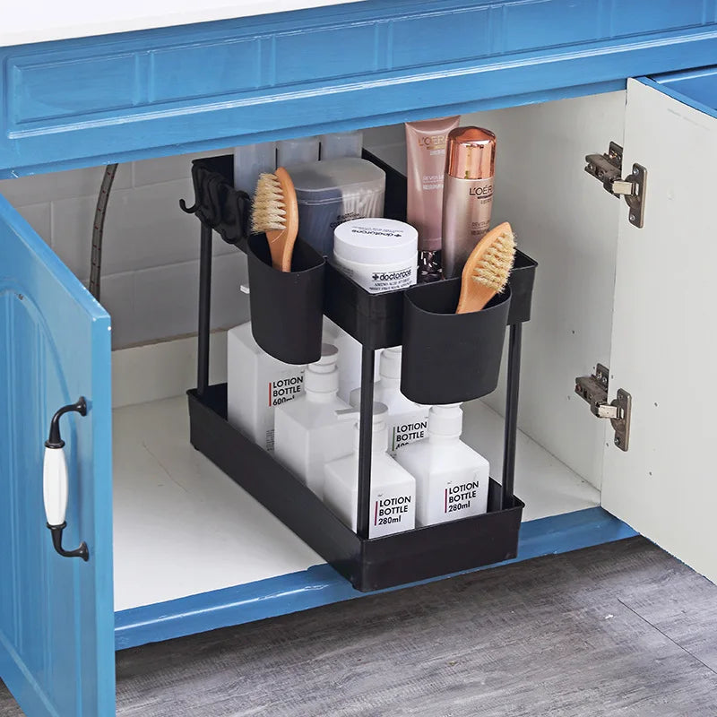 Under Bathroom Sink Storage 2 Tier Kitchen Drawer Organizer Bath Collection Baskets Under Sink Cabinet Storage Holder with Hooks