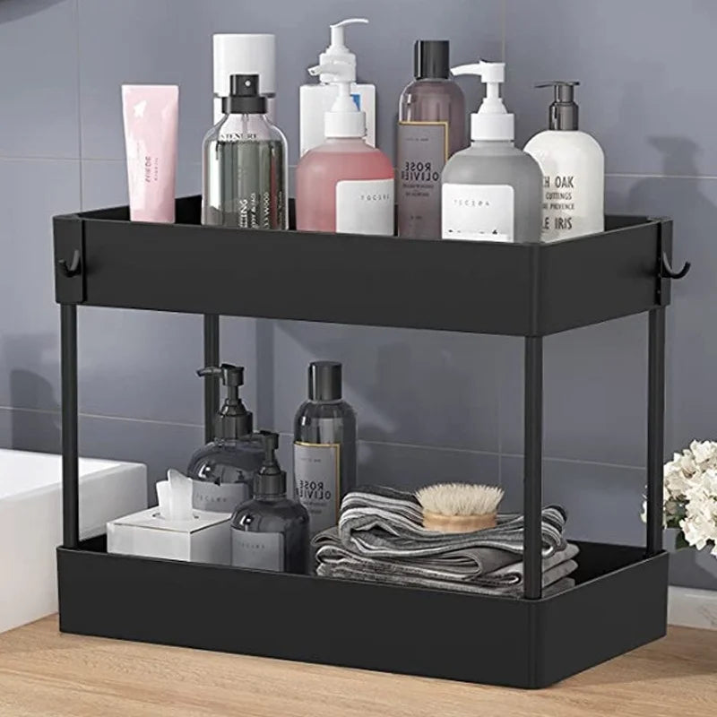 Under Bathroom Sink Storage 2 Tier Kitchen Drawer Organizer Bath Collection Baskets Under Sink Cabinet Storage Holder with Hooks