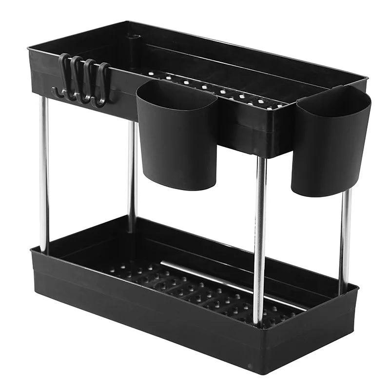 Under Bathroom Sink Storage 2 Tier Kitchen Drawer Organizer Bath Collection Baskets Under Sink Cabinet Storage Holder with Hooks