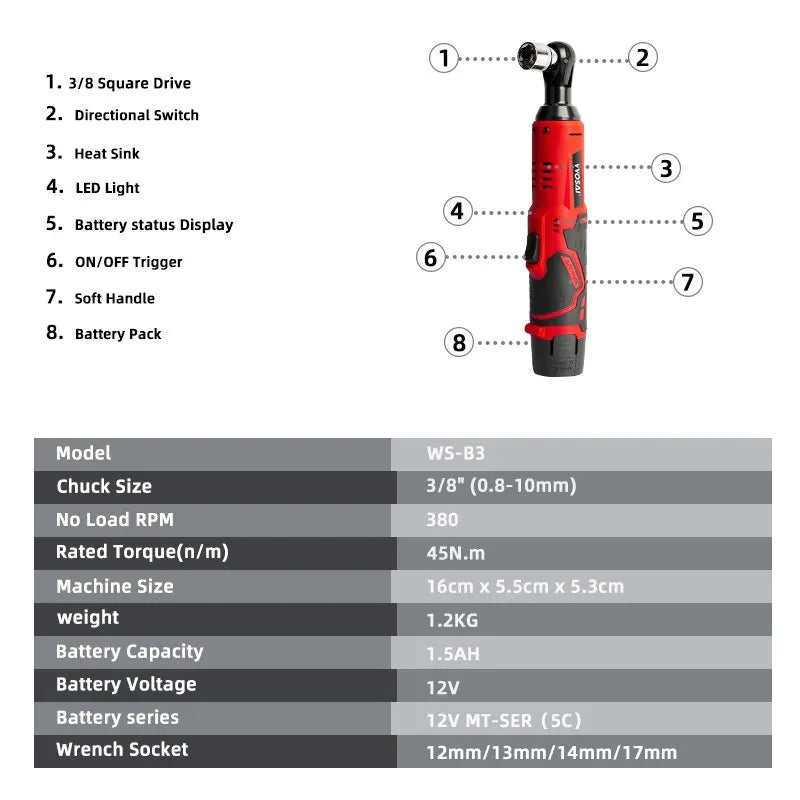 VVOSAI 45NM Cordless Electric Wrench 12V 3/8 Ratchet Wrench Set Angle Drill Screwdriver to Removal Screw Nut Car Repair Tool