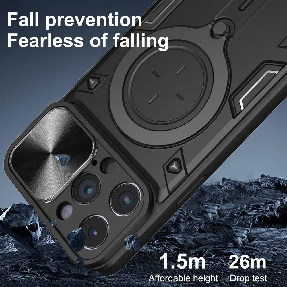 Case For iPhone 15 14 13 12 11 Pro Max 15 Plus XR XS 8 7 Magnetic  Slide Camera Protection 360 Rotate Kickstand Armor Ring Cover