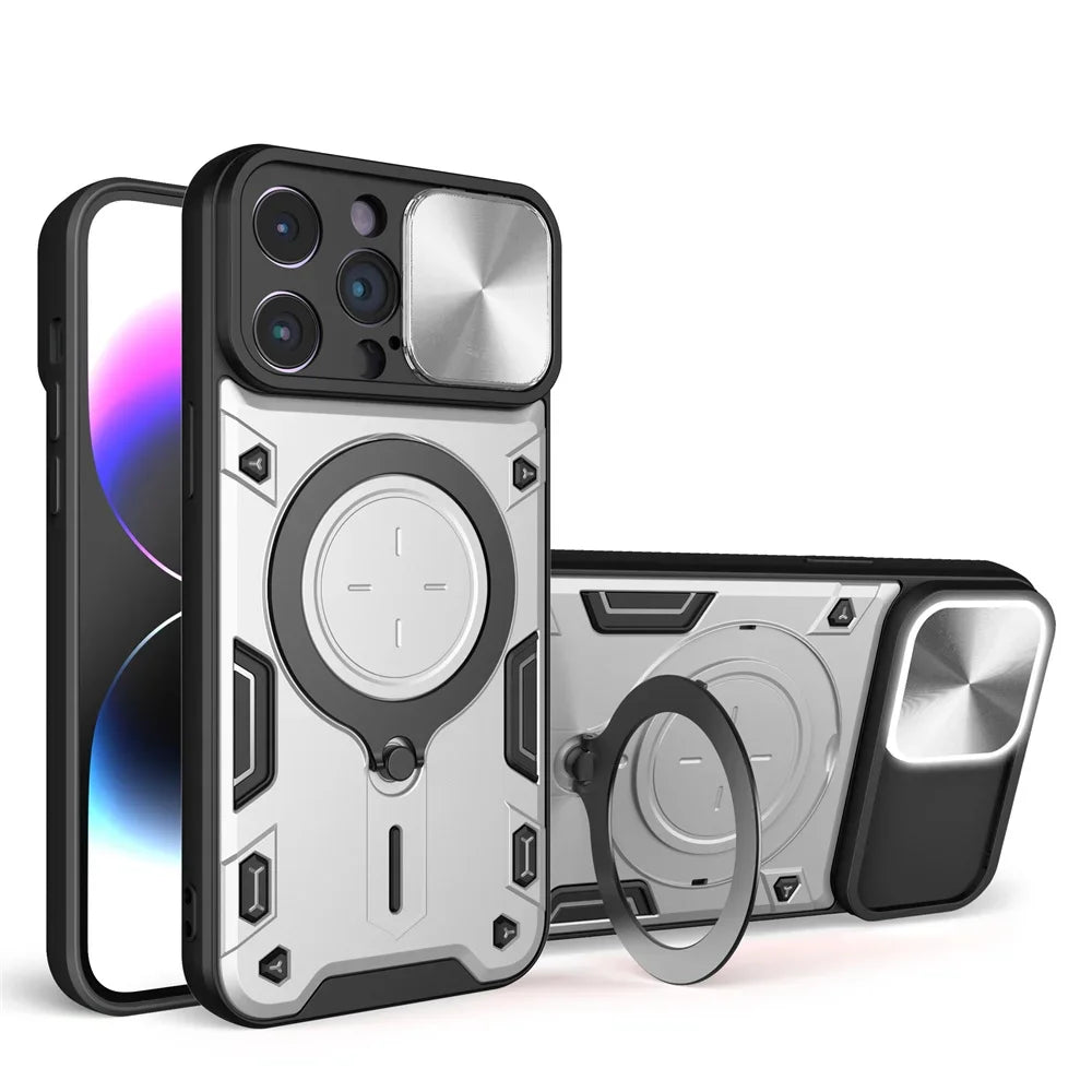 Case For iPhone 15 14 13 12 11 Pro Max 15 Plus XR XS 8 7 Magnetic  Slide Camera Protection 360 Rotate Kickstand Armor Ring Cover