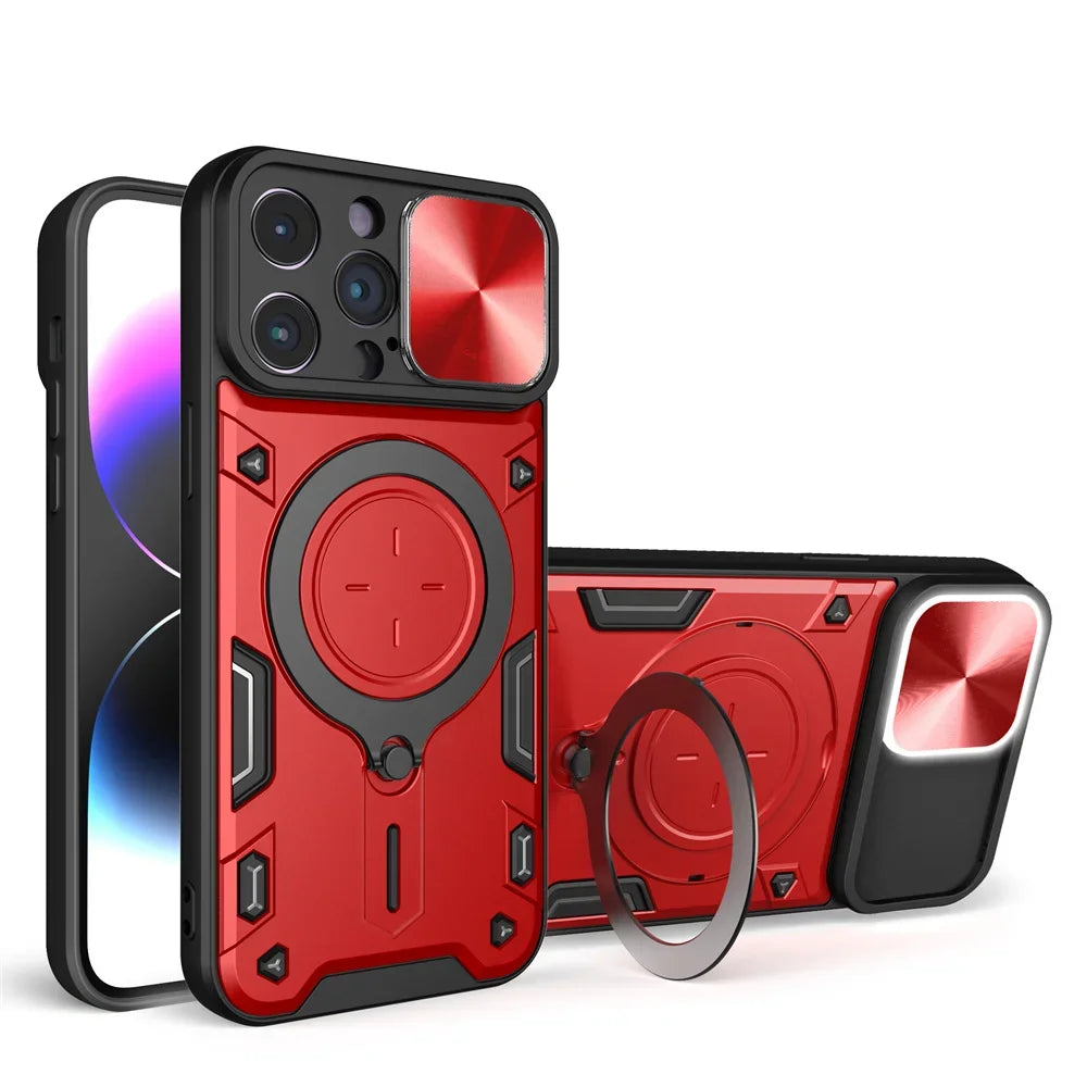 Case For iPhone 15 14 13 12 11 Pro Max 15 Plus XR XS 8 7 Magnetic  Slide Camera Protection 360 Rotate Kickstand Armor Ring Cover