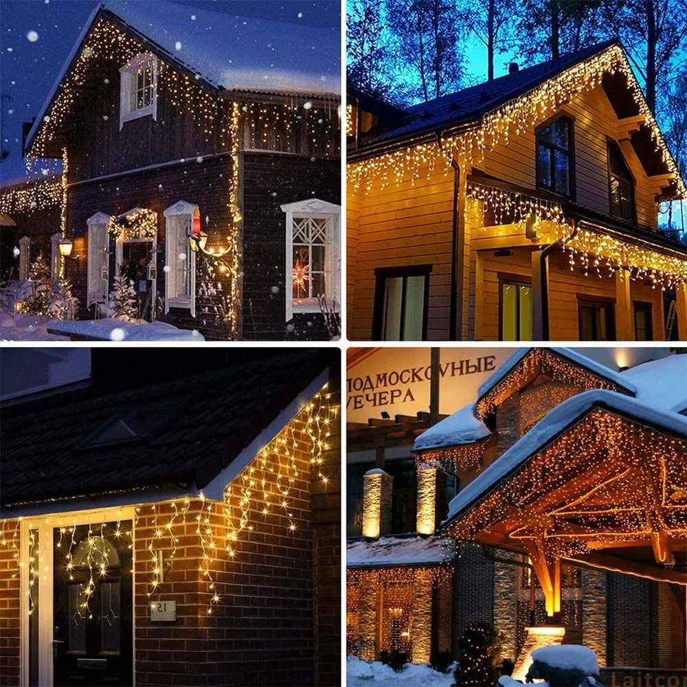 12M LED Icicle String Lights Fairy Curtain Christmas Lights Garland For Outdoor Garden Party Home Street 2023 New Year Decor