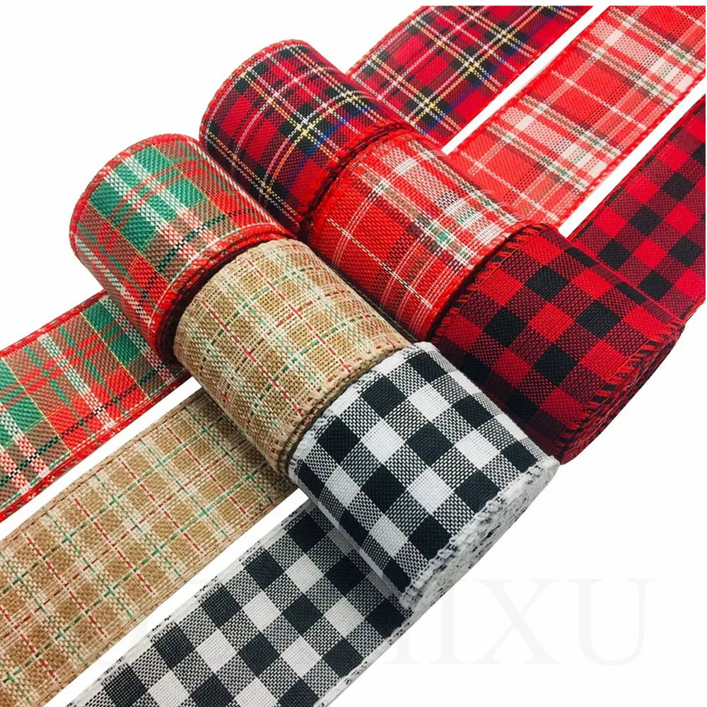 6M/Roll Craft Ribbon Imitation Hemp Ribbon Wire Wire Edge Linen Ribbon Christmas Decoration Red and Green Snowflake Plaid Ribbon