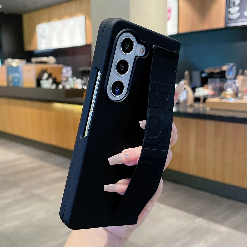 Luxury Elastic Wrist Strap Bracket Phone Case For Samsung Galaxy Z Fold 5 4 3 5G Ultra Thin Matte Soft Silicone Shockproof Cover