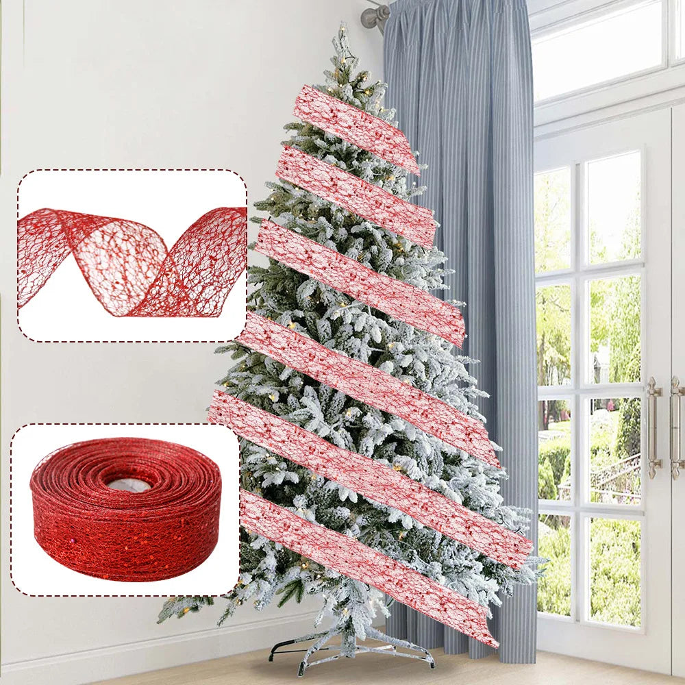 2M/Roll Christmas Ribbon Xmas Tree Garland Glitter Ribbon Bows Decorations DIY Crafts Fabric Ribbon For Christmas Gift Packaging