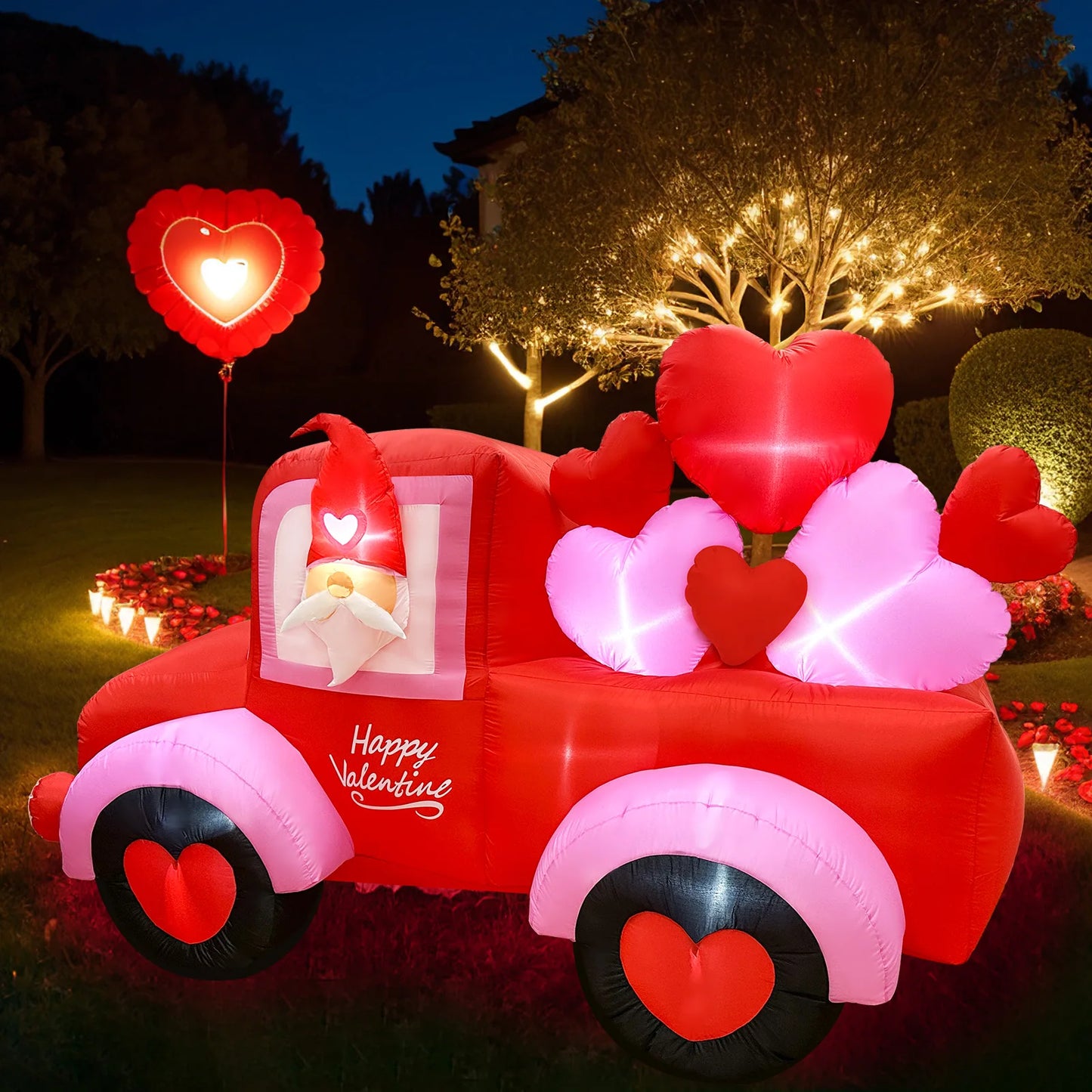 OurWarm 8FT Valentines Day Inflatables Outdoor Decorations Lovely Gnome Drives a Car with Build-in LED Lights Gnome Party Decor