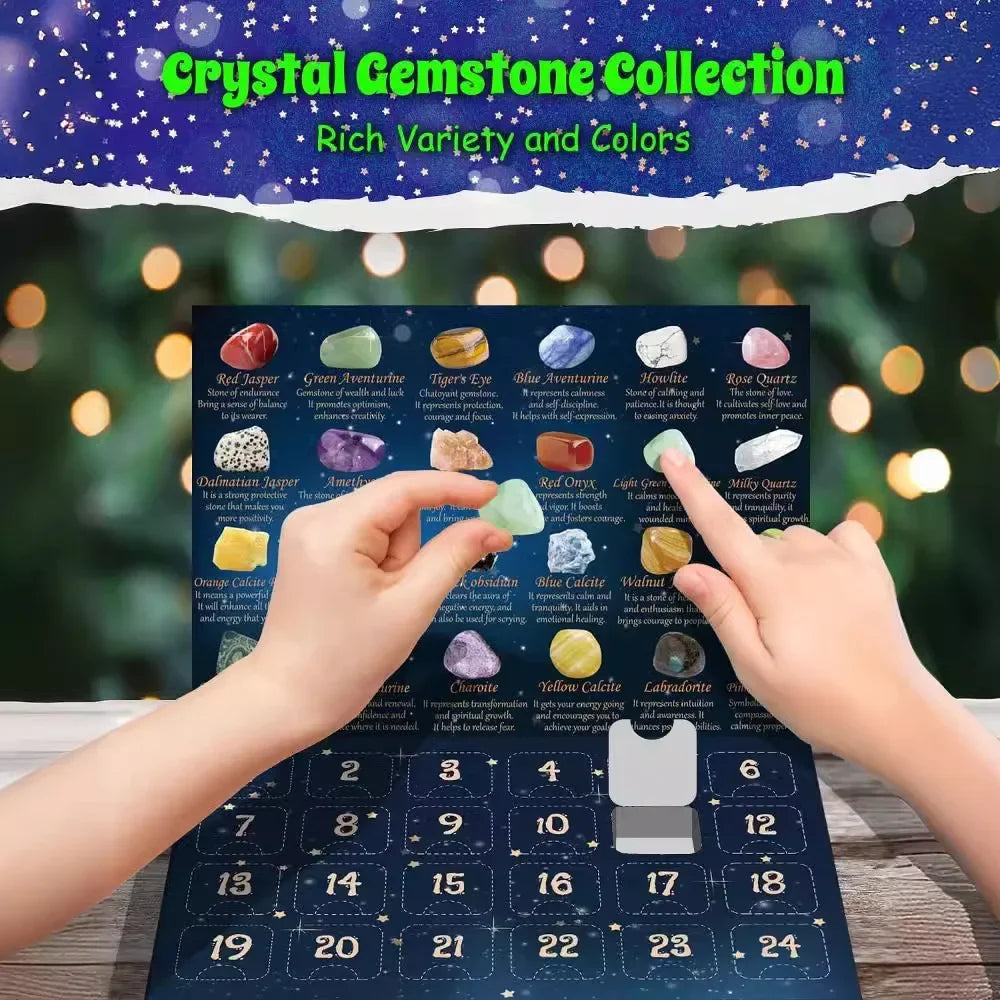 Advent Calendar Natural Crystal Gemstones Collection Box 24 Days Countdown Calendar Crystal Stone Gift Box for Kids Xmas Gift