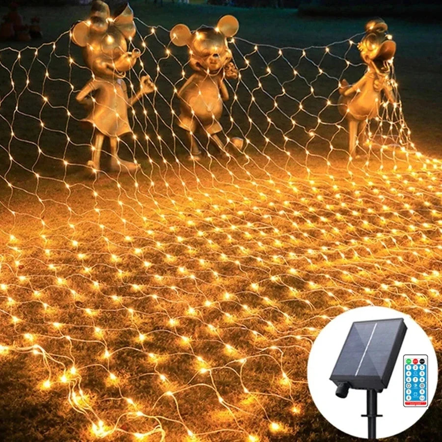 Solar Power Remote control Led Net String Lights Street Garlands Christmas Outdoor New Year Wedding Party Fairy Garden Decor