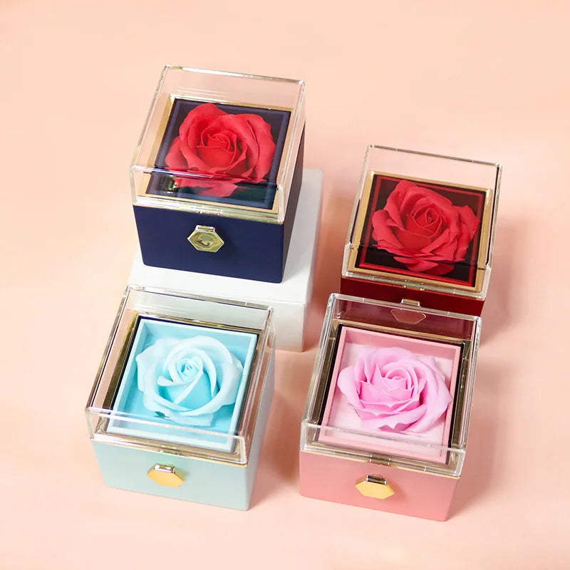 1PC Rotating Eternal Rose Flower Jewelry Box Ring Earrings Necklace Storage Boxes Wedding Valentine's Day Gift Boxes for Lovers