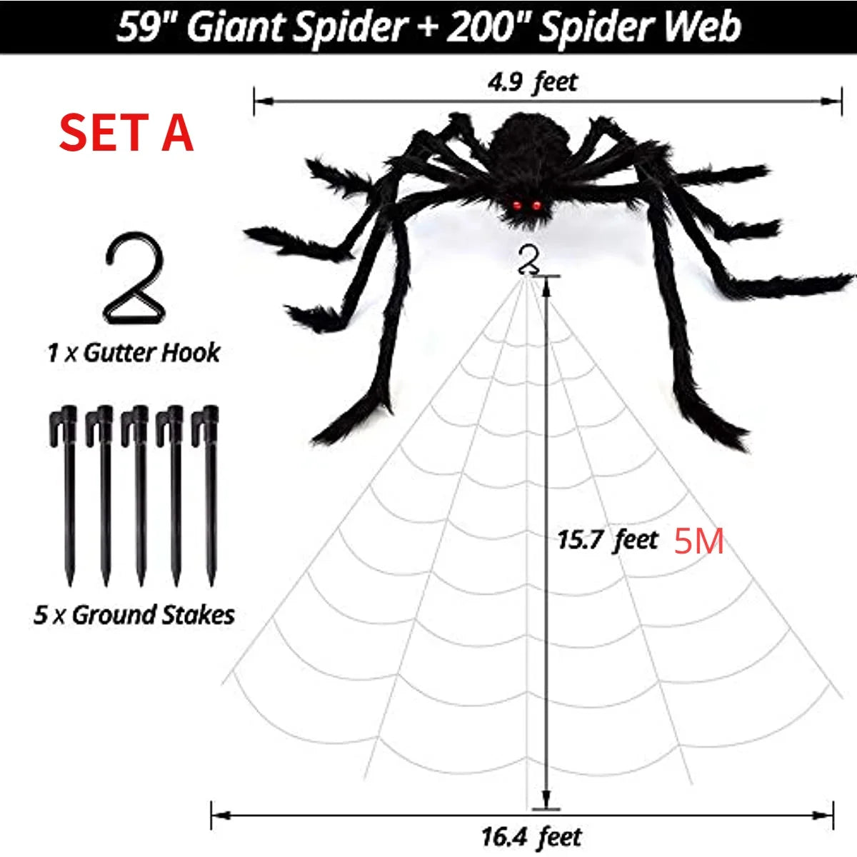 50cm/90cm/125cm/150cm/200cm Big Black Plush Spider Halloween Party Decoration for Home Bar Haunted House Horror Props Spider Web