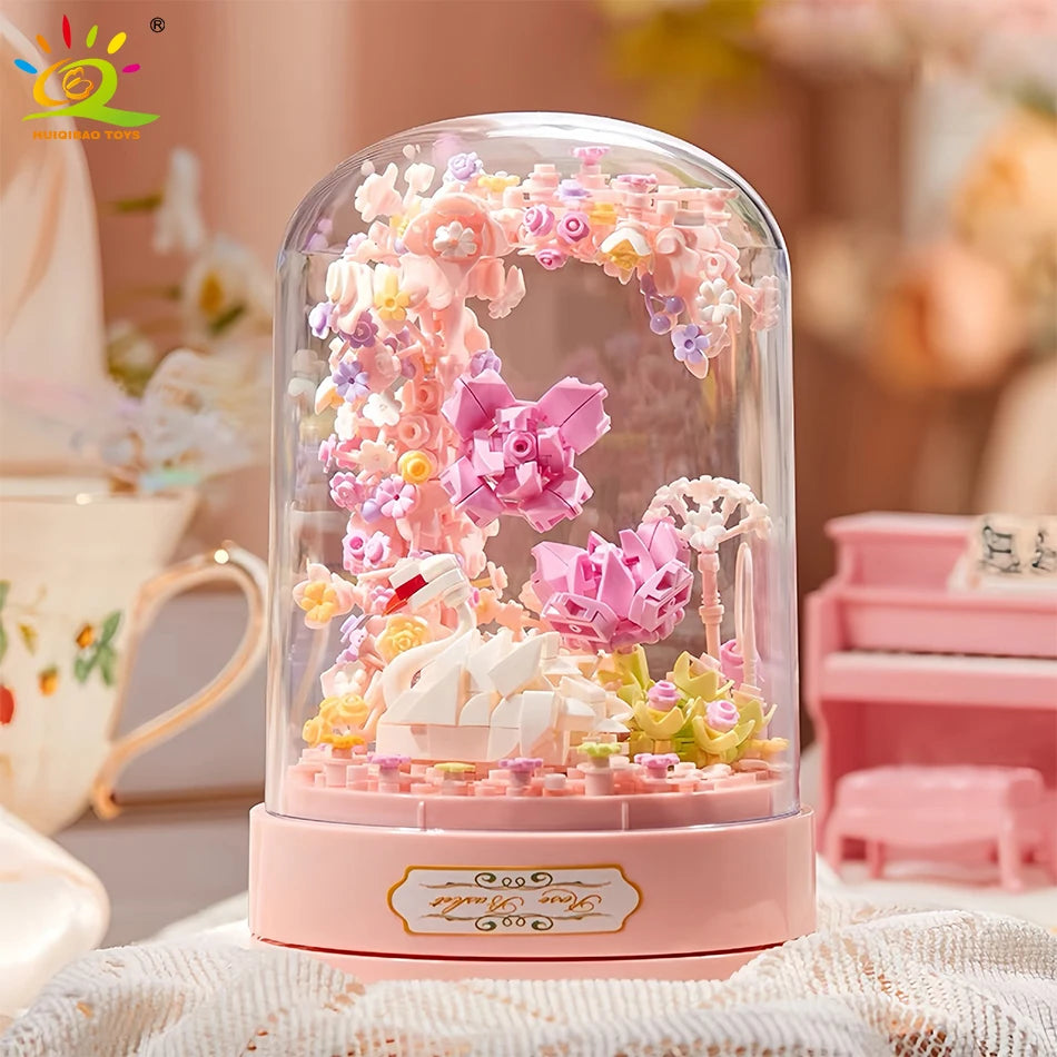 HUIQIBAO Friends Romantic Flower Swan Rotation Music Box Mirco Building Blocks MOC Mini Bricks Toy for Girl Valentine’s Day Gift