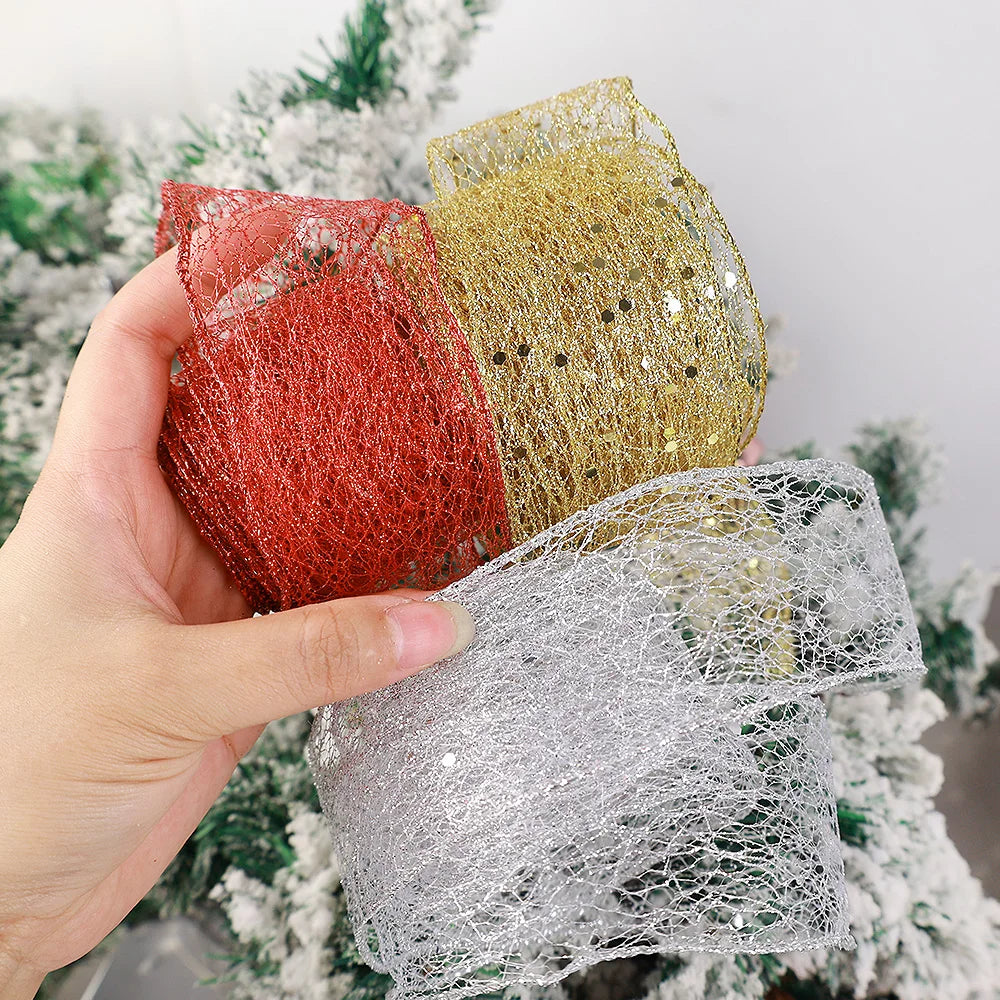 2M/Roll Christmas Ribbon Xmas Tree Garland Glitter Ribbon Bows Decorations DIY Crafts Fabric Ribbon For Christmas Gift Packaging