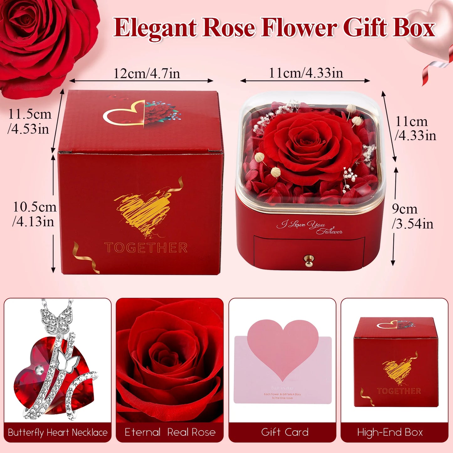 Valentine's Day Gift Preserved Real Rose with Necklace Jewelry Box Forever Love Eternal Flower For Girl Mother Anniversary Gifts