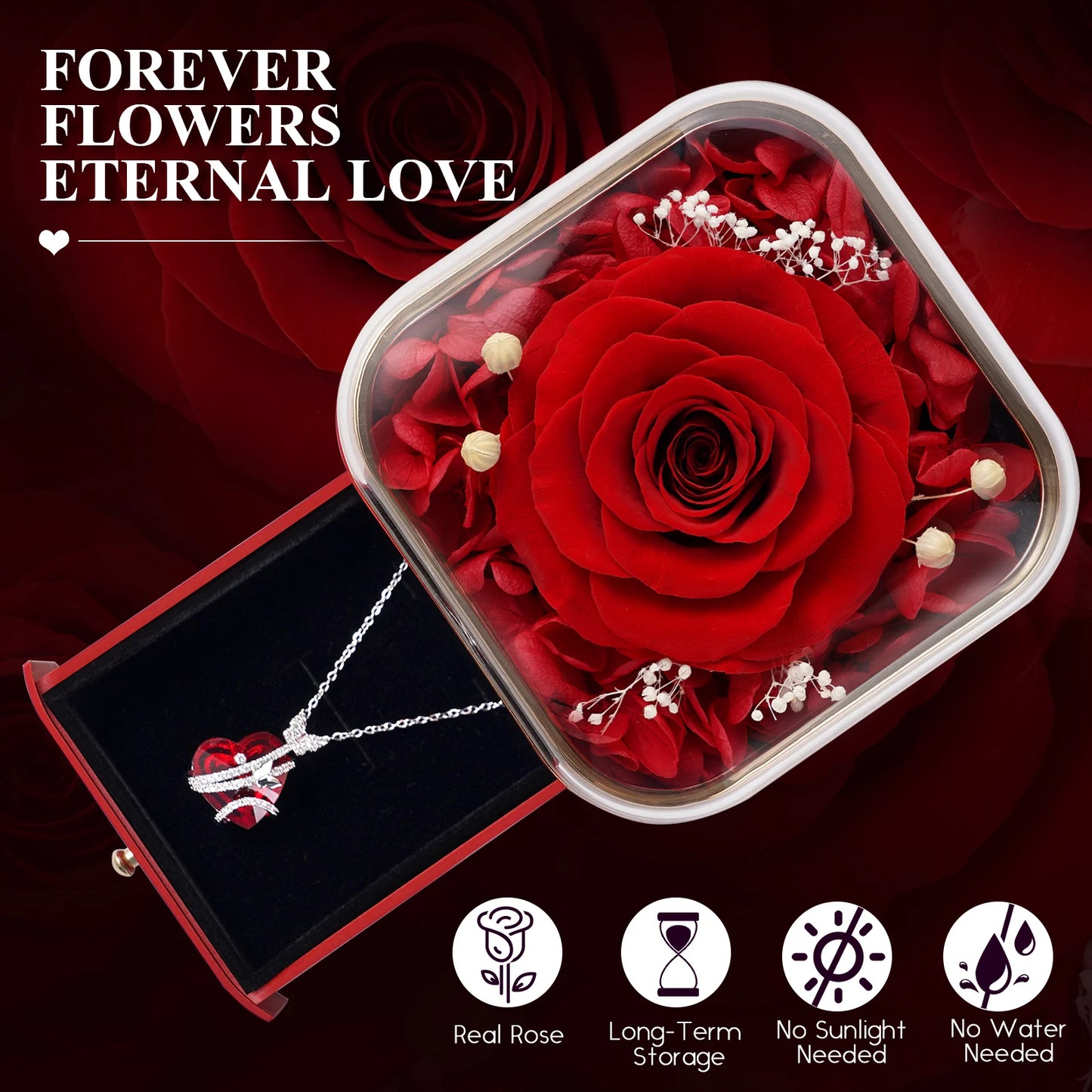 Valentine's Day Gift Preserved Real Rose with Necklace Jewelry Box Forever Love Eternal Flower For Girl Mother Anniversary Gifts