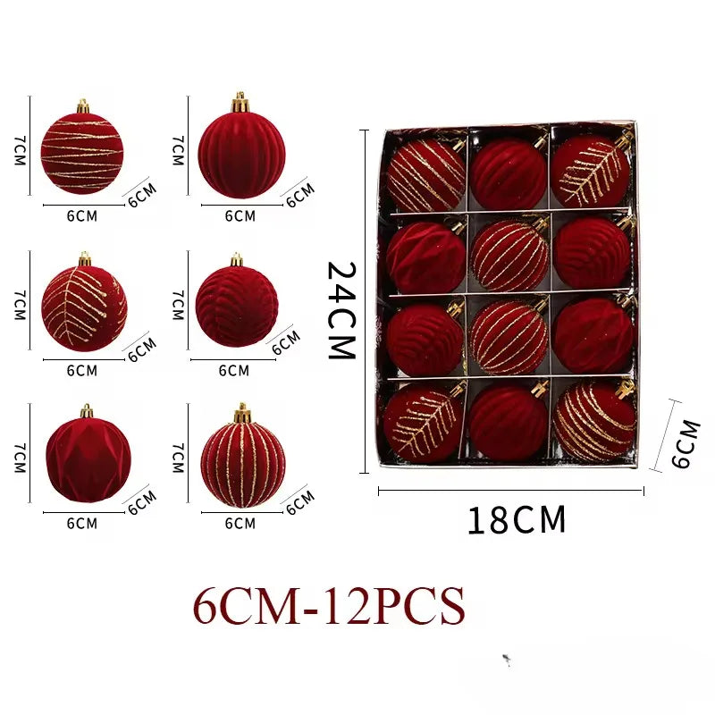 12pcs 6cm Wine Red Christmas Ball Ornaments Christmas Tree Party Decoration New Year Christmas Spheres Pendant Velvet Balls