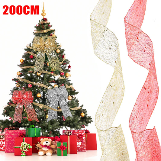 2M/Roll Christmas Ribbon Xmas Tree Garland Glitter Ribbon Bows Decorations DIY Crafts Fabric Ribbon For Christmas Gift Packaging