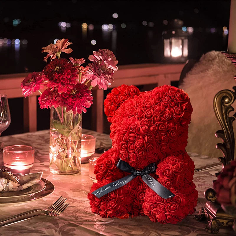 23cm Rose Bear Artificial Flowers With LED Light Gift Box Girlfriend Anniversary Valentine Gift Birthday Present To be Assembled