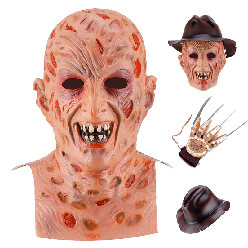 Halloween Freddy Mask Krueger Killer Cosplay Gloves Hat Horror Costume Full Head Latex Mask Masquerade Supplies