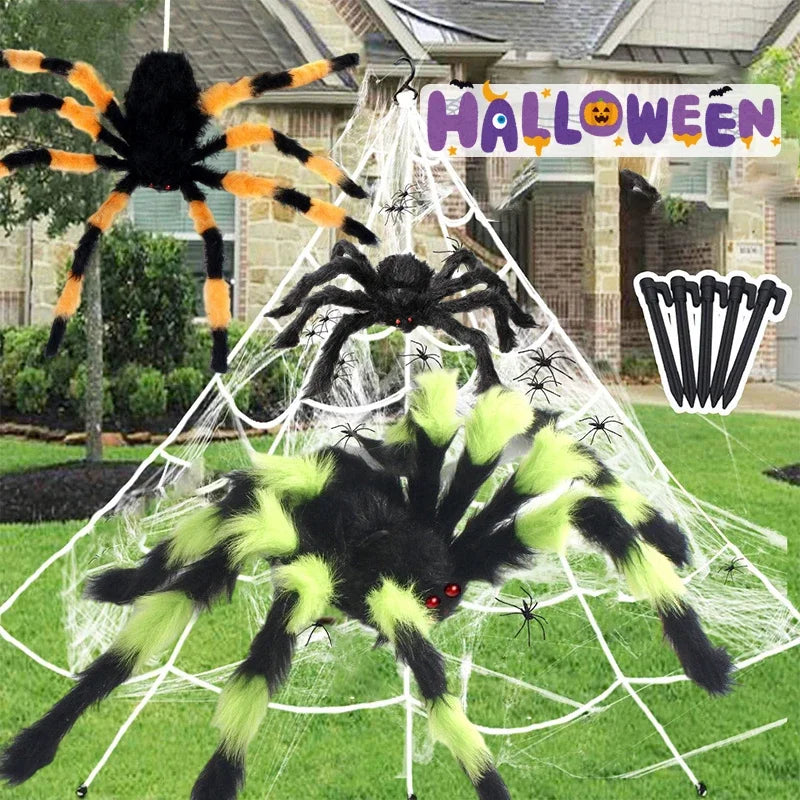 50cm/90cm/125cm/150cm/200cm Big Black Plush Spider Halloween Party Decoration for Home Bar Haunted House Horror Props Spider Web