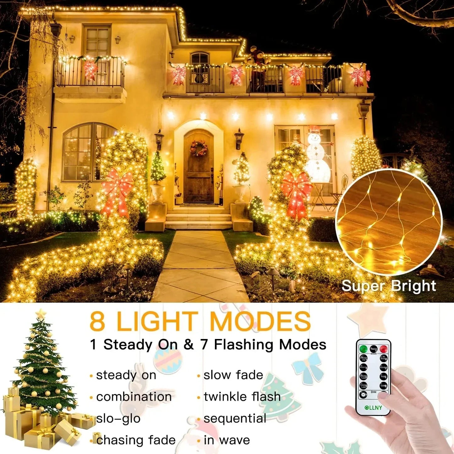 8 Modes Solar Power LED Net Curtain Lamp Mesh Fairy String Light Christmas New Year Decoration Outdoor Waterproof Street Garland