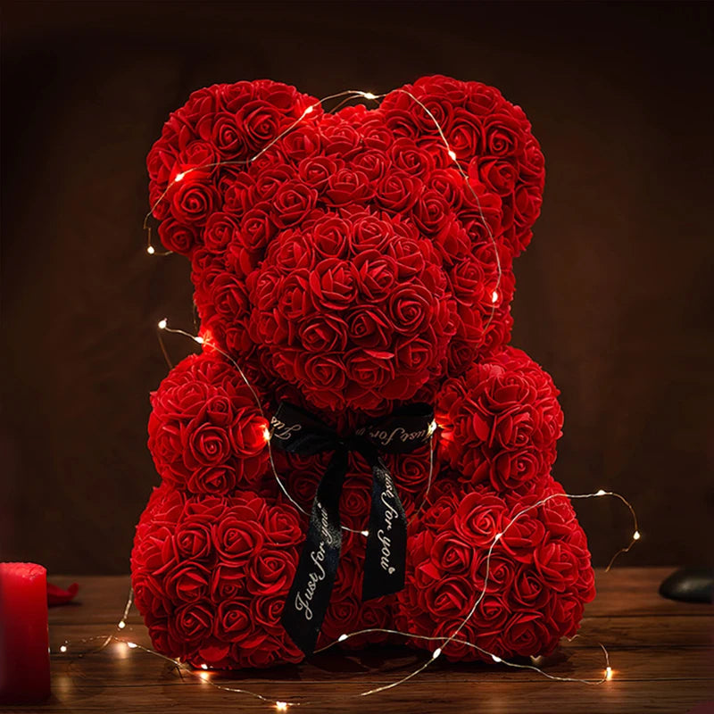 23cm Rose Bear Artificial Flowers With LED Light Gift Box Girlfriend Anniversary Valentine Gift Birthday Present To be Assembled