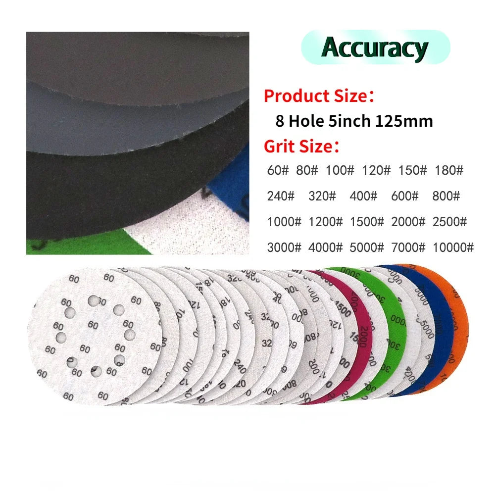 5inch Sandpaper 125mm 60-10000 Grit Round Shape Sanding Discs Hook Loop Sanding Paper Buffing Sheet Sandpaper 8 Hole Sander Pad