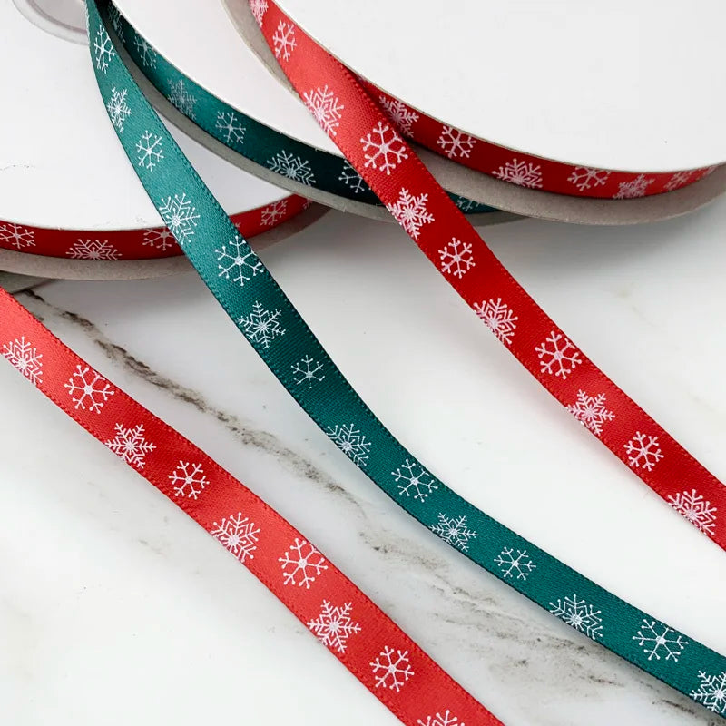 3/8" (10mm) Red printed Snowflake Satin Ribbon christmas gift ribbons Festival party gift packaging ribbon handmade decorative