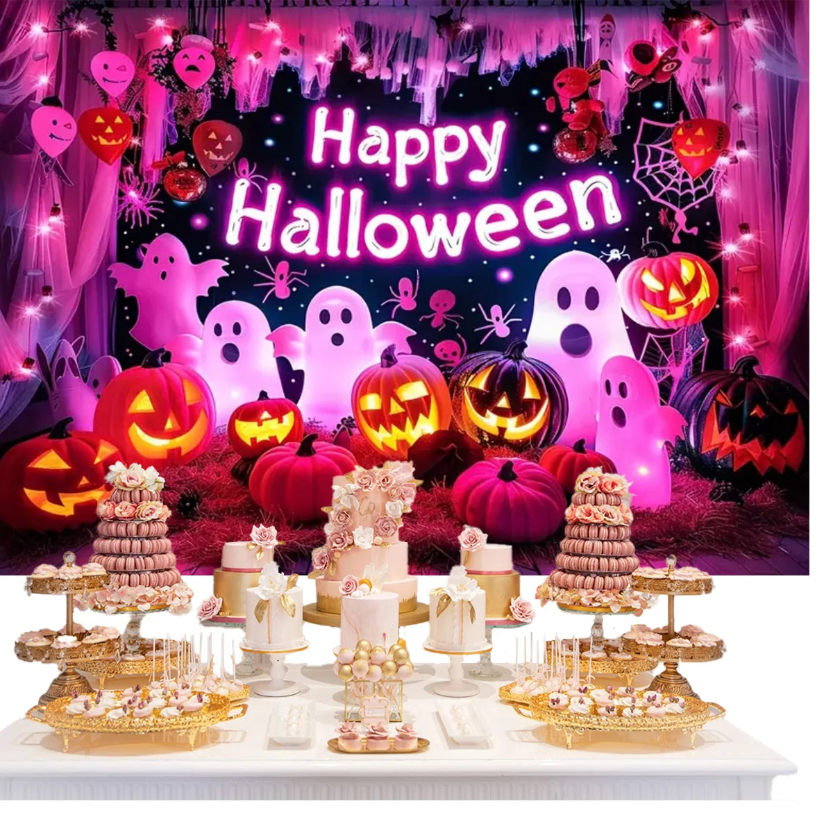 Halloween Pink Soft Halloween Night Decoration Background Banner Theme Family Party Room Decor Poster Happy Birthday Background