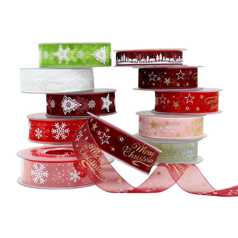 10mm 25mm Christmas Satin Ribbons Gift Bows Sewing Clothing DIY Natural Organza Ribbon Crafts Trim Wedding Fabric Decoration