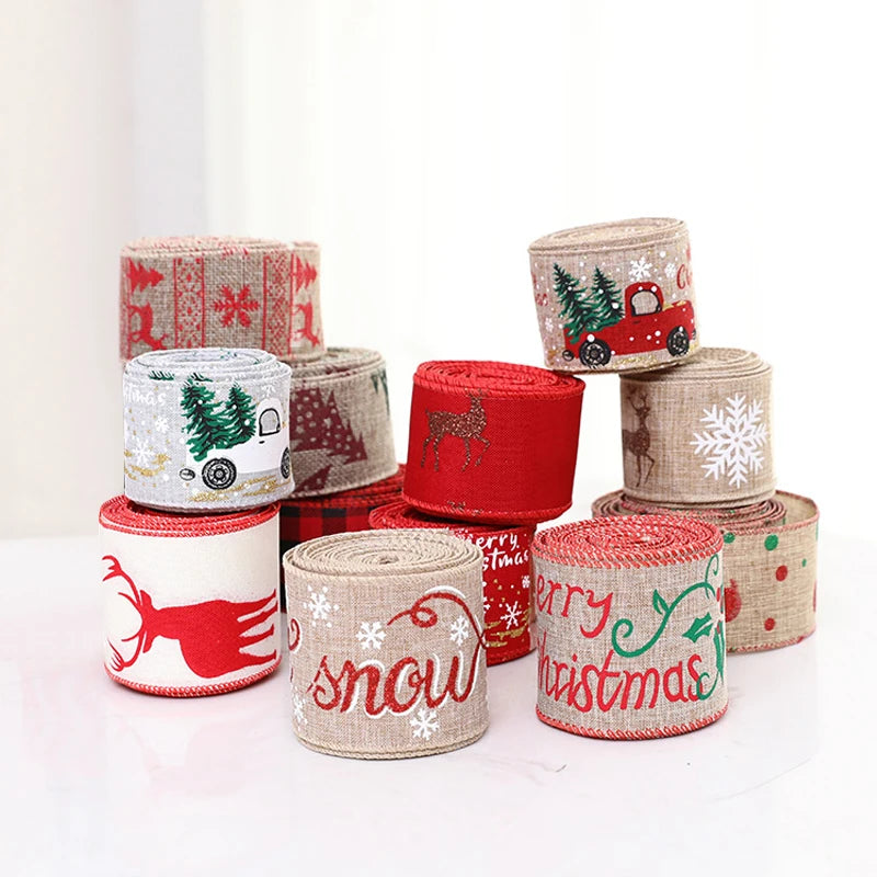 New Christmas Linen Ribbons Snowflake Xmas Tree Printed Wire Edge Ribbon New Year Gift Wrapping Christmas Crafts Decorations