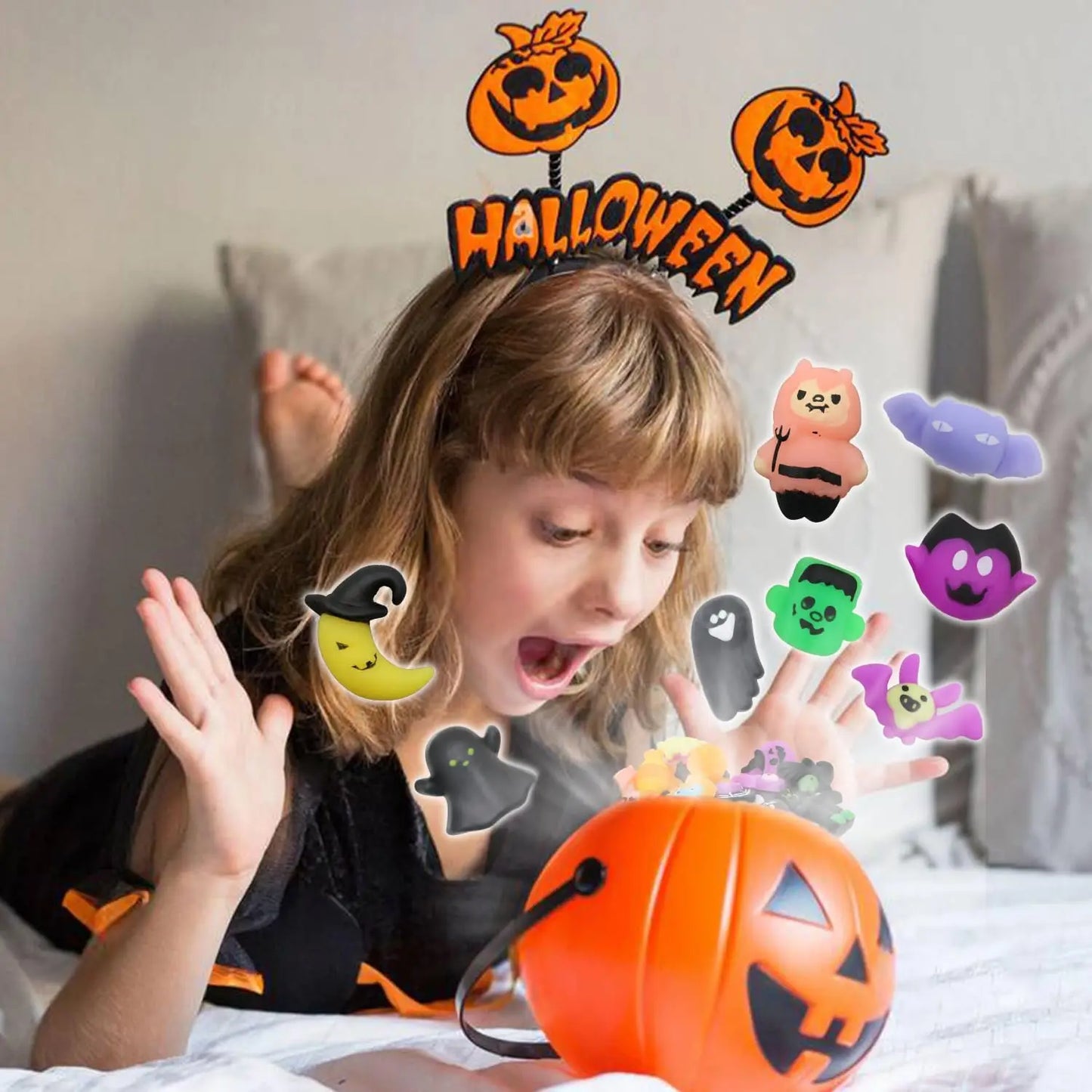 10/200Pcs Halloween Mochi Squishy Toys,Halloween Party Favourite Pumpkin Ghost Spider Squishies Halloween Toys For Relief Toys