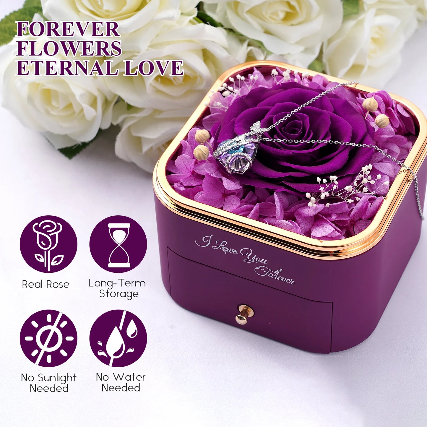 Valentine's Day Gift Preserved Real Rose with Necklace Jewelry Box Forever Love Eternal Flower For Girl Mother Anniversary Gifts