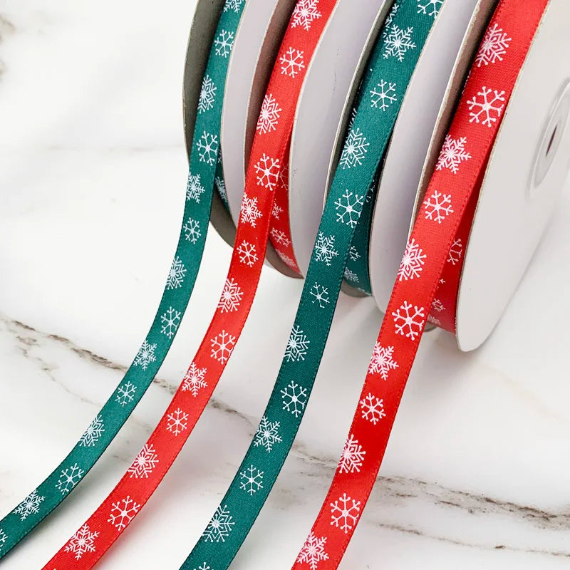 3/8" (10mm) Red printed Snowflake Satin Ribbon christmas gift ribbons Festival party gift packaging ribbon handmade decorative