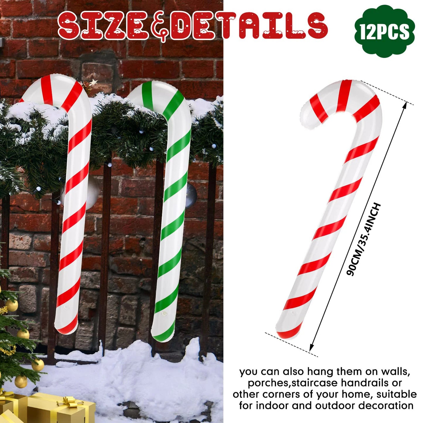 12Pcs Christmas Inflatable Candy Canes Stick Balloons New Year Christmas Holiday Decorations Candy Canes Toy for Outdoor Party