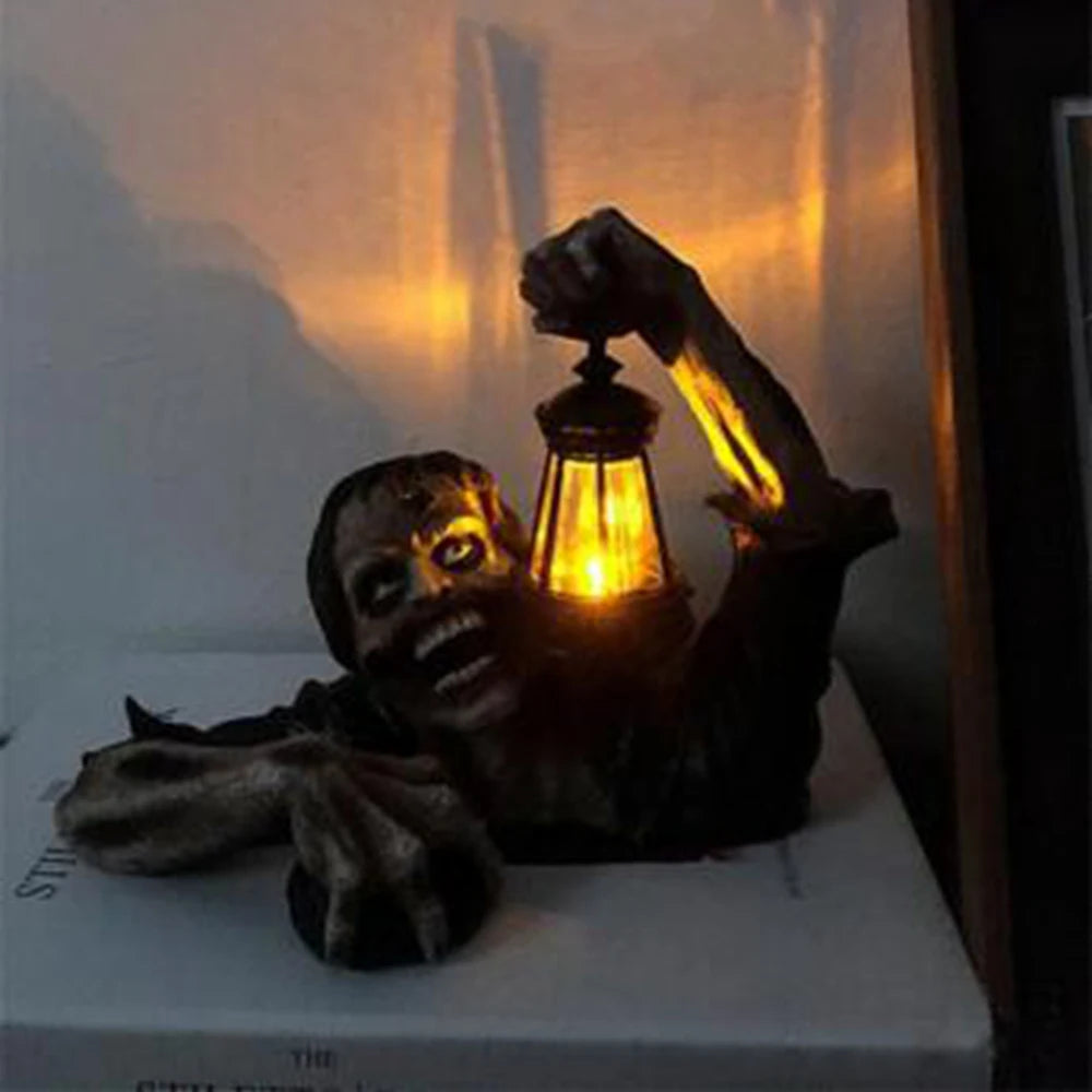 Horror Zombie Carrying Lamp Ornament Garden Crafts Decor Resin Statue Model Doll LED Lantern Light Room Halloween Decoration