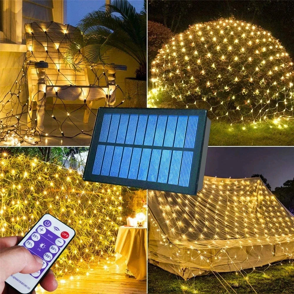 Solar Power Remote control Led Net String Lights Street Garlands Christmas Outdoor New Year Wedding Party Fairy Garden Decor