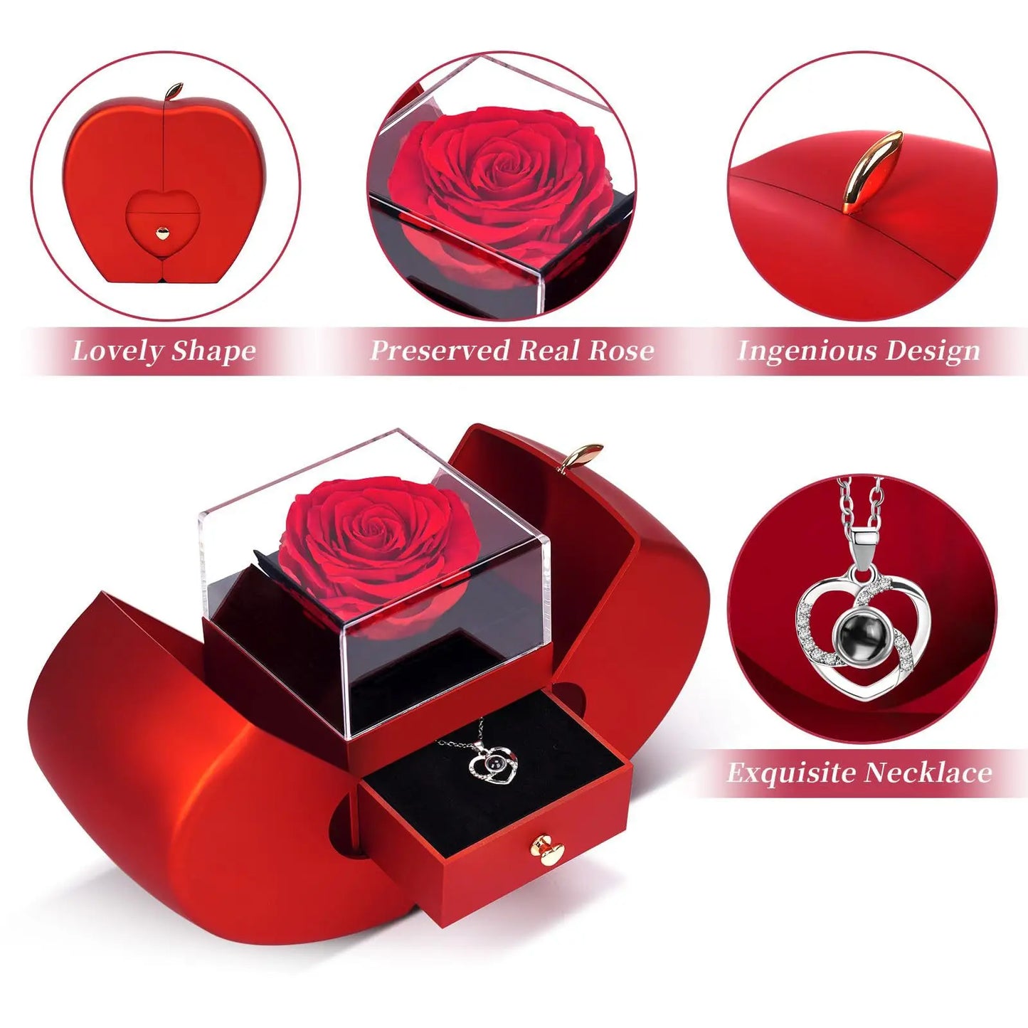 Heart-Shaped Necklace Red Rose Necklace Ring Jewellery Box Gift for Valentine's Day, Birthday Gift for Women, Mom, Wife