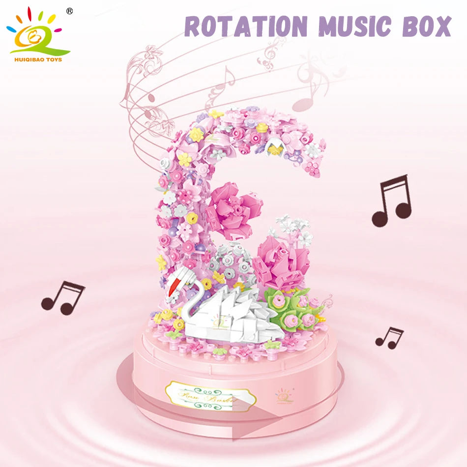 HUIQIBAO Friends Romantic Flower Swan Rotation Music Box Mirco Building Blocks MOC Mini Bricks Toy for Girl Valentine’s Day Gift