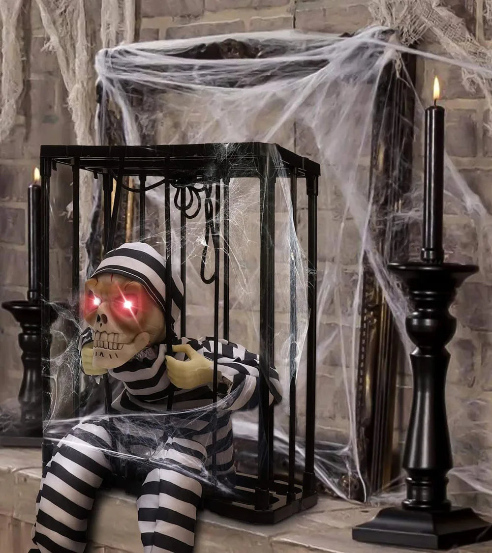 Halloween Scary Skeleton Prisoner Talking Let Me Out With Light Animatronic Prank Speaking Props Hangable Ghost Halloween Decor