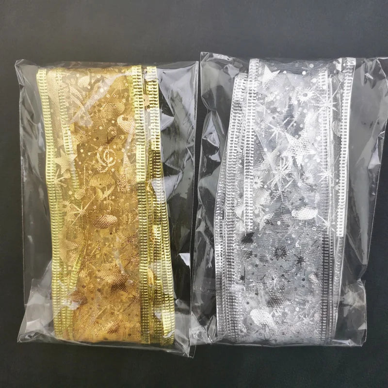 (2 M/roll) 50mm Organza Shiny Ribbon Gold/silver Christmas Gift Packaging Foldable Line Edge Crafts Wedding Christmas Ribbons