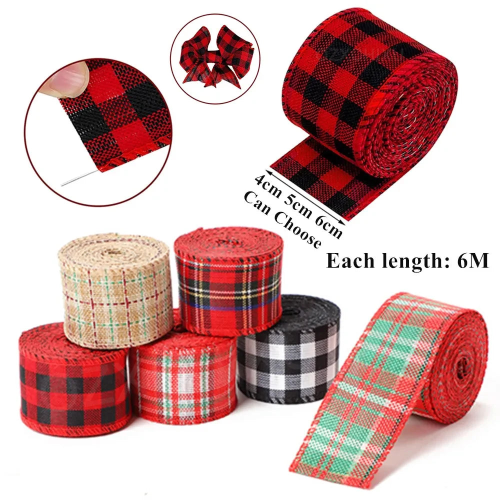 6M/Roll Craft Ribbon Imitation Hemp Ribbon Wire Wire Edge Linen Ribbon Christmas Decoration Red and Green Snowflake Plaid Ribbon