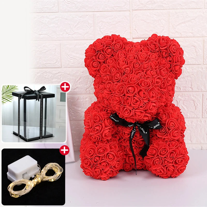 23cm Rose Bear Artificial Flowers With LED Light Gift Box Girlfriend Anniversary Valentine Gift Birthday Present To be Assembled