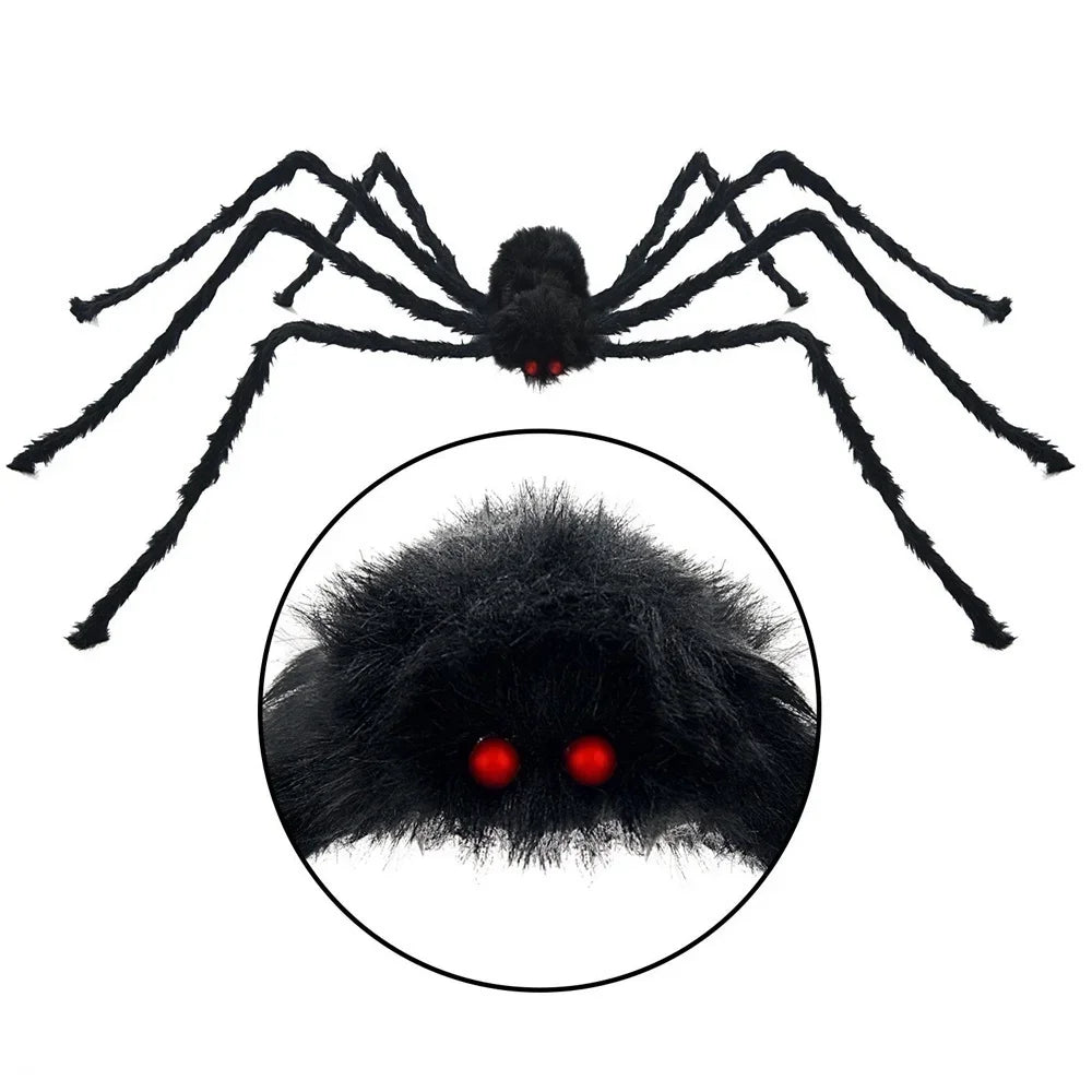 50cm/90cm/125cm/150cm/200cm Big Black Plush Spider Halloween Party Decoration for Home Bar Haunted House Horror Props Spider Web