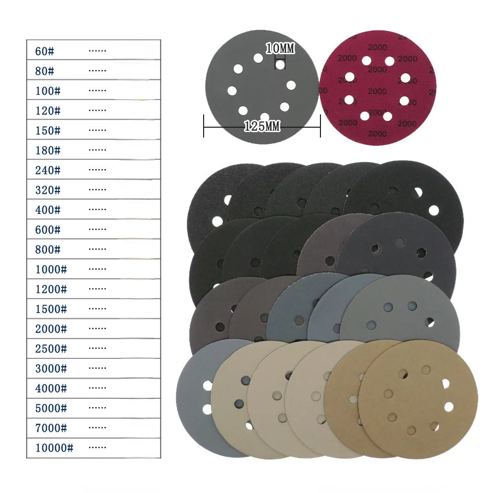 5inch Sandpaper 125mm 60-10000 Grit Round Shape Sanding Discs Hook Loop Sanding Paper Buffing Sheet Sandpaper 8 Hole Sander Pad