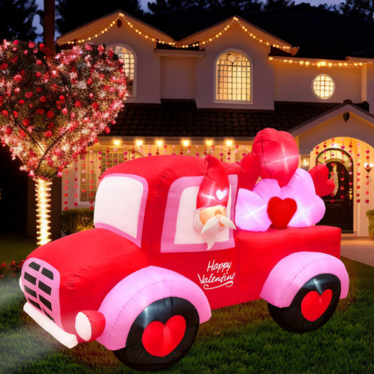 OurWarm 8FT Valentines Day Inflatables Outdoor Decorations Lovely Gnome Drives a Car with Build-in LED Lights Gnome Party Decor