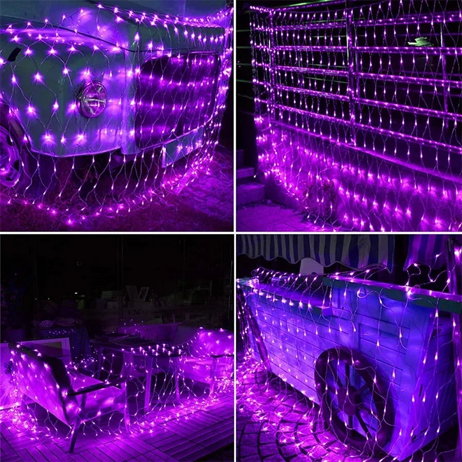 EU Plug 220V Purple Halloween Net Lights Connectable LED Purple Pink Mesh Netting Lights Garden Christmas Bush Garland Light