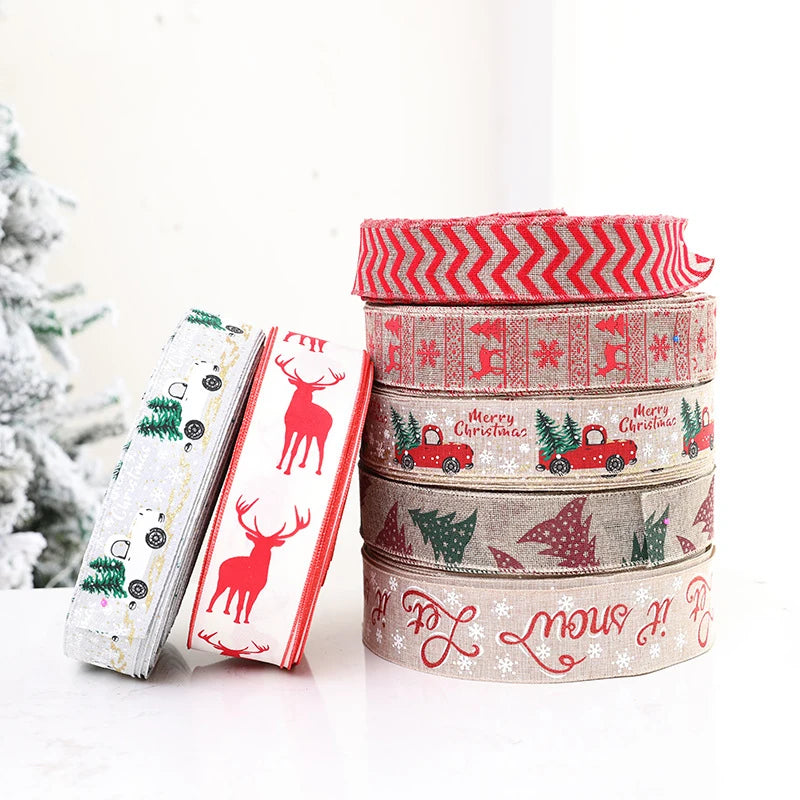 New Christmas Linen Ribbons Snowflake Xmas Tree Printed Wire Edge Ribbon New Year Gift Wrapping Christmas Crafts Decorations