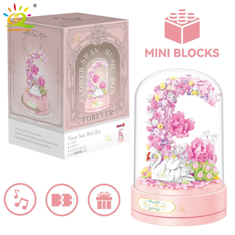 HUIQIBAO Friends Romantic Flower Swan Rotation Music Box Mirco Building Blocks MOC Mini Bricks Toy for Girl Valentine’s Day Gift